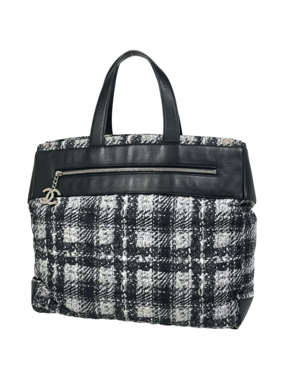 Chanel CC Logo Tote Tweed Print Nylon White Black
